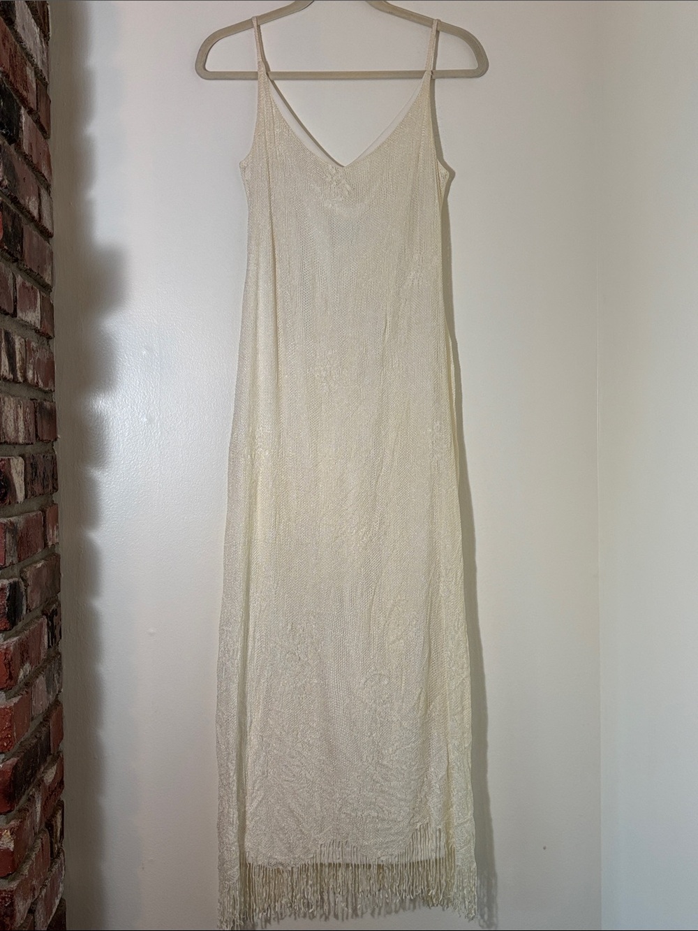 Vintage HARLOW Cream Fringe Lace Knit Crochet Slip Dress Women’s Size 10